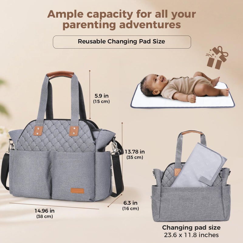 Lekebaby Diaper Bag Tote for Baby - 17 Pockets Large Travel Diaper Tote with Portable Changing Pad, Mom Crossbody Hospital Bag for Labor Delivery, Waterproof, Baby Essentials for Newborn Gifts, Grey - Image 4