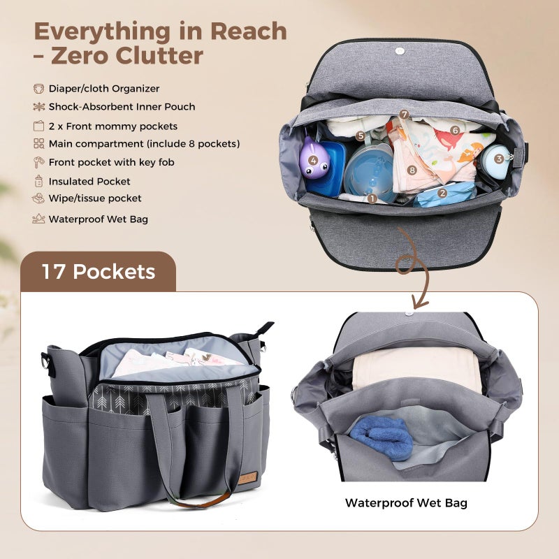 Lekebaby Diaper Bag Tote for Baby - 17 Pockets Large Travel Diaper Tote with Portable Changing Pad, Mom Crossbody Hospital Bag for Labor Delivery, Waterproof, Baby Essentials for Newborn Gifts, Grey - Image 3