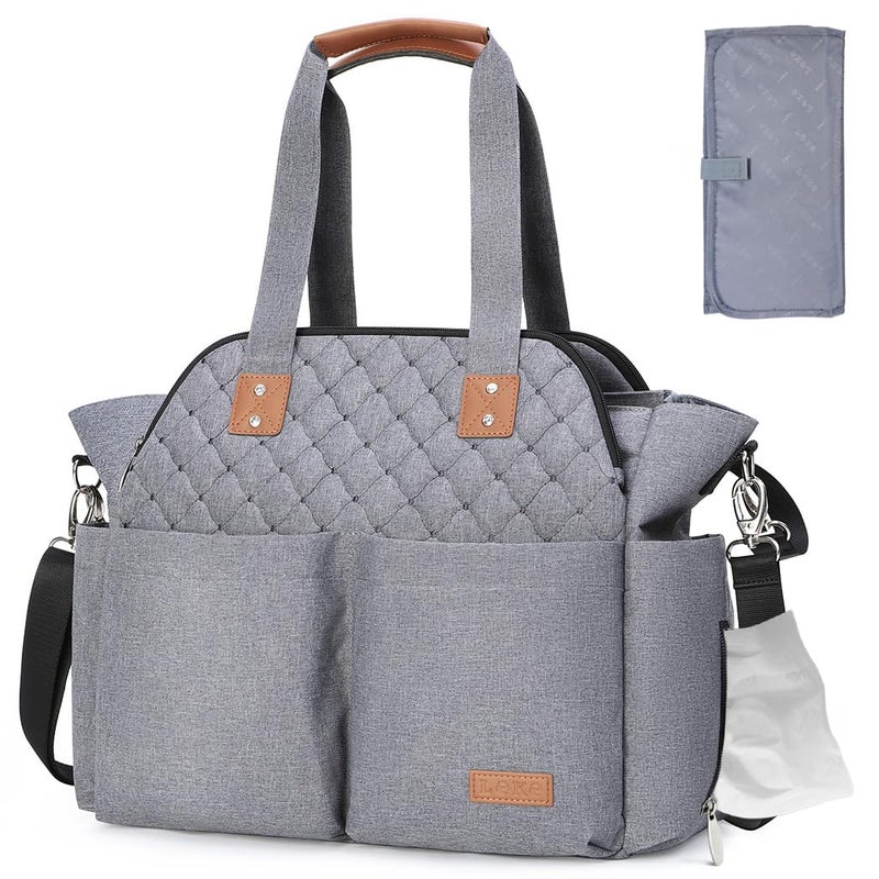 Lekebaby Diaper Bag Tote for Baby - 17 Pockets Large Travel Diaper Tote with Portable Changing Pad, Mom Crossbody Hospital Bag for Labor Delivery, Waterproof, Baby Essentials for Newborn Gifts, Grey - Image 1