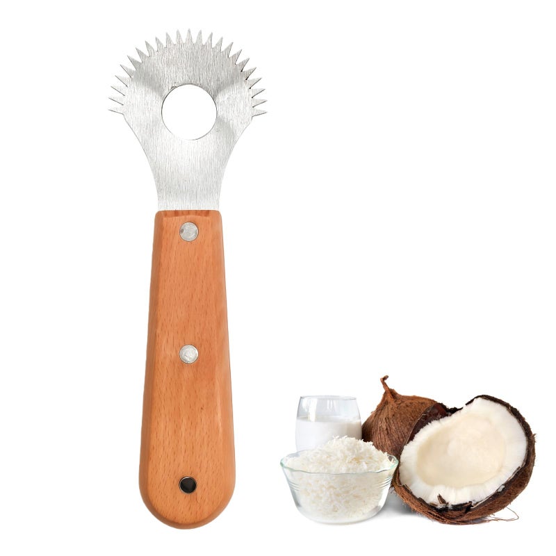 HPMAISON Coconut Hand Grater Coconut Meat Scraper Removal Knife Stainless Steel Serrated Blade Slicer with Wooden Handle Shredded Scraper Scoop Tool Fish Scale Scraper Remover Tool Kitchen Grater - Image 1