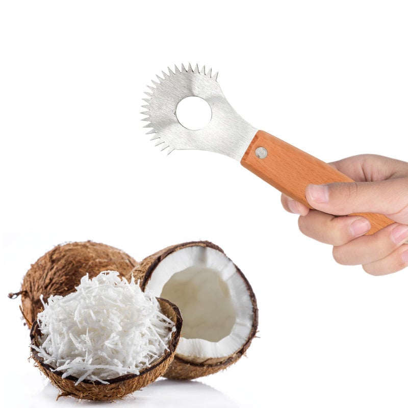 HPMAISON Coconut Hand Grater Coconut Meat Scraper Removal Knife Stainless Steel Serrated Blade Slicer with Wooden Handle Shredded Scraper Scoop Tool Fish Scale Scraper Remover Tool Kitchen Grater - Image 3