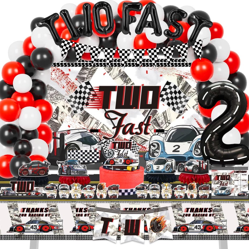 Mpanwen Two Fast Birthday Decorations for Boys 153 Pcs Race Car Birthday Party Supplies  Backdrop Toppers Cupcakes Wrappers Tablecloth Flags Centerpiece Highchair Nanner Crown and Poster - Image 2