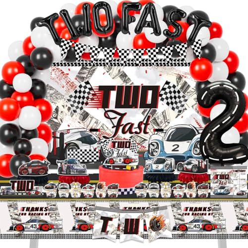 Mpanwen Two Fast Birthday Decorations for Boys 153 Pcs Race Car Birthday Party Supplies  Backdrop Toppers Cupcakes Wrappers Tablecloth Flags Centerpiece Highchair Nanner Crown and Poster - Image 1