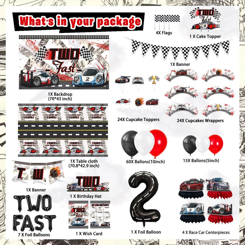 Mpanwen Two Fast Birthday Decorations for Boys 153 Pcs Race Car Birthday Party Supplies  Backdrop Toppers Cupcakes Wrappers Tablecloth Flags Centerpiece Highchair Nanner Crown and Poster - Image 3