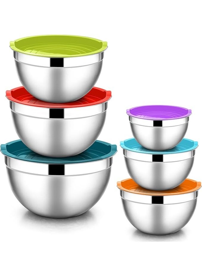 Mixing Bowls with Lids, 6-Piece Stainless Steel Salad Bowls Metal Nesting Bowls for Baking Cooking and Prepping, Airtight Lids & Stackable Design, Size 7, 4.5, 3, 1.5, 1.2, 0.7 QT (Colorful) - Image 1