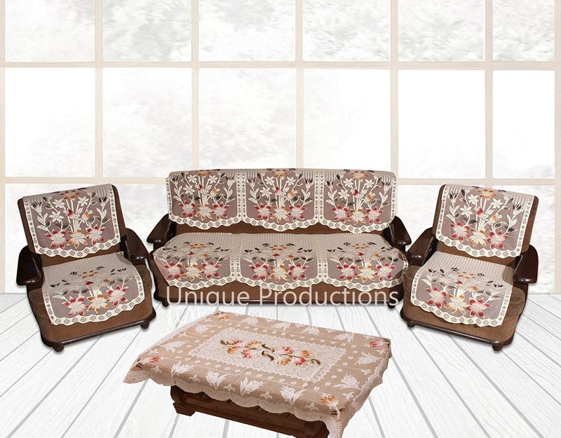 Unique Productions Net Fabric Print Code Line 5 Seater Sofa Cover Set 10 Pieces with 1 Center Table Cover Beige