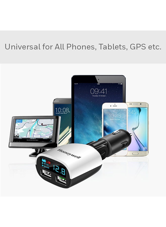 Honeywell Dual USB with LED Display Car Charger, 24W Dual USB Charger, QC 3.0 Fast Charging, Compatible with iPhones, Smartphones, Tablets, Smartwatches, Power banks, Dashcams Black-Silver - Image 3