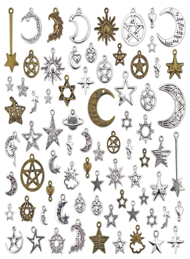 JIALEEY Celestial Mixed Sun Moon Star Charms, Wholesale Bulk Lots Antique Alloy Charms Pendants DIY for Necklace Bracelet Jewelry Making and Crafting, 100g(74PCS) - Image 1