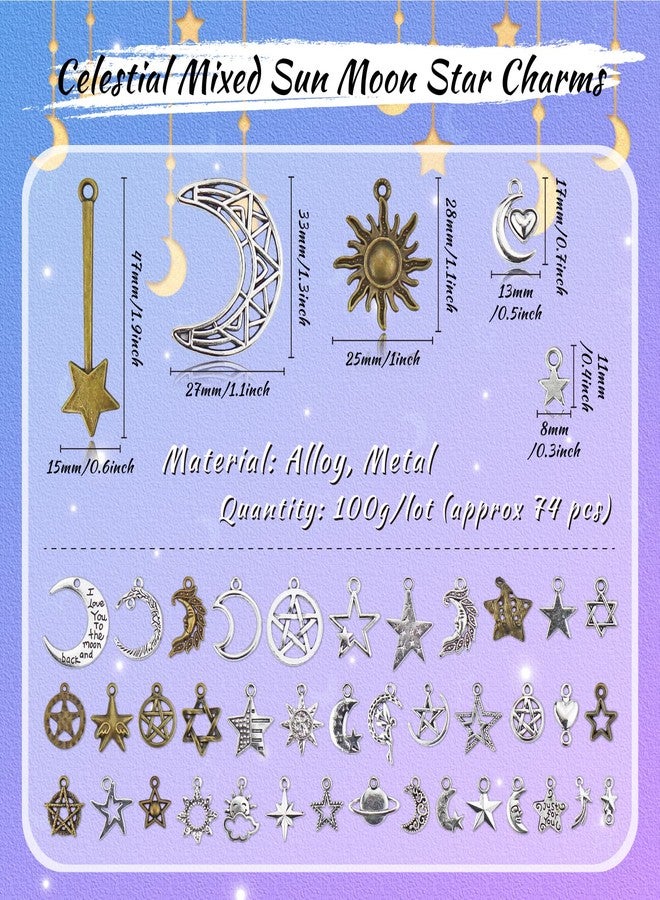 JIALEEY Celestial Mixed Sun Moon Star Charms, Wholesale Bulk Lots Antique Alloy Charms Pendants DIY for Necklace Bracelet Jewelry Making and Crafting, 100g(74PCS) - Image 2