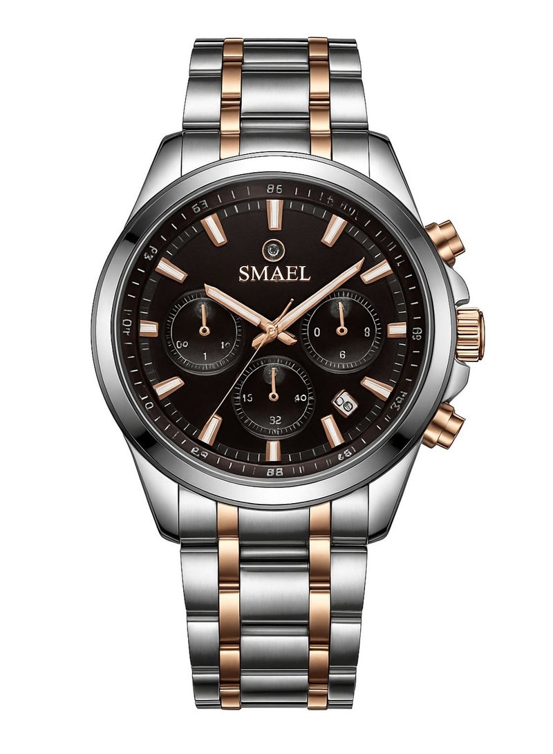 SMAEL Men’s Stainless Steel Watch Silver & Rose Gold with Chronograph