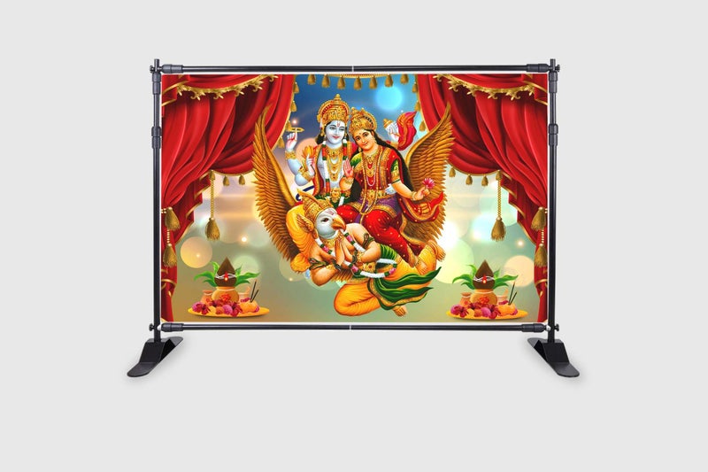 Backdropon Lord Vishnu and Lakshmiji Riding on GarudaDesign Backdrop Cloth for Pooja Decoration Traditional/Background Curtain Cloth for Festival Size 5 Feet Height and 8 Feet Width(5 * 8) - Image 2