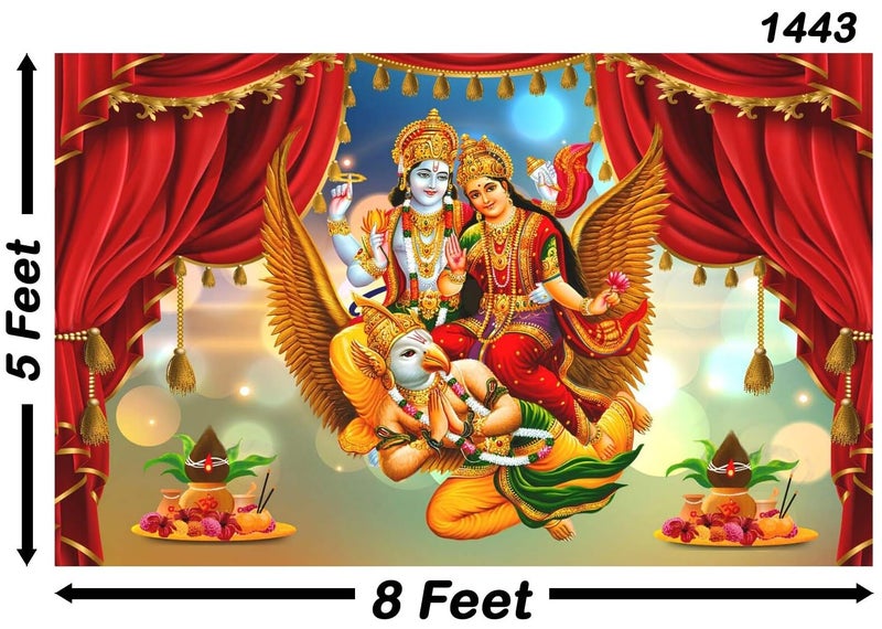 Backdropon Lord Vishnu and Lakshmiji Riding on GarudaDesign Backdrop Cloth for Pooja Decoration Traditional/Background Curtain Cloth for Festival Size 5 Feet Height and 8 Feet Width(5 * 8) - Image 3