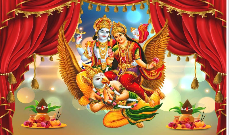 Backdropon Lord Vishnu and Lakshmiji Riding on GarudaDesign Backdrop Cloth for Pooja Decoration Traditional/Background Curtain Cloth for Festival Size 5 Feet Height and 8 Feet Width(5 * 8) - Image 5