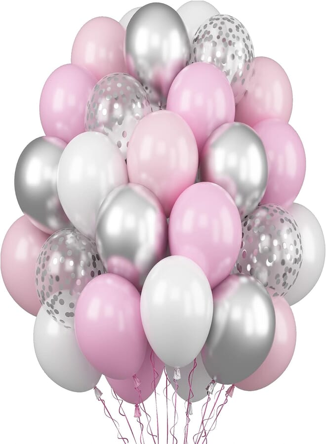 Biapian Pink and Silver Balloons Set, 30PCS 12inch Pink Balloons Metallic Silver Confetti Balloons Pastel Pink White Latex Balloon Wedding Balloons for Birthday Party Baby Shower Decoration
