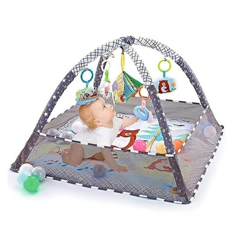حصر لعب للأطفال جييم بيم (Baby Gym) – سجادة لعب للأطفال مع أنشطة، تتضمن 5 ألعاب معلقة و18 كرة بحرية لتنمية الحواس والمهارات الحركية، غير قابلة للانزلاق، قابلة للغسل، مناسبة للرضع من عمر 0 إلى 24 شهرًا - Image 1