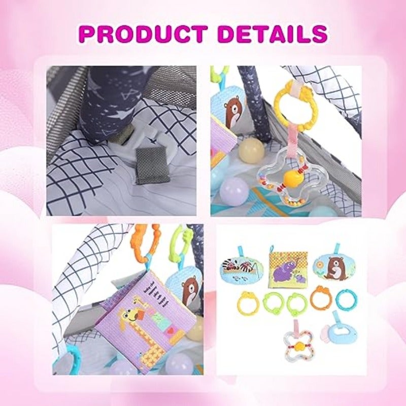 حصر لعب للأطفال جييم بيم (Baby Gym) – سجادة لعب للأطفال مع أنشطة، تتضمن 5 ألعاب معلقة و18 كرة بحرية لتنمية الحواس والمهارات الحركية، غير قابلة للانزلاق، قابلة للغسل، مناسبة للرضع من عمر 0 إلى 24 شهرًا - Image 3