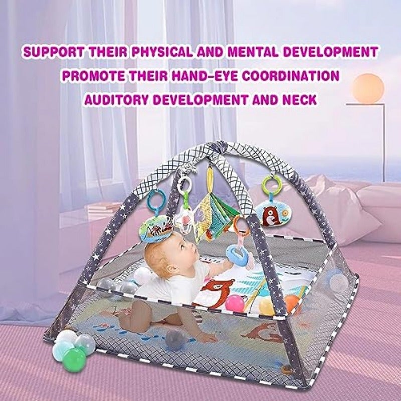 حصر لعب للأطفال جييم بيم (Baby Gym) – سجادة لعب للأطفال مع أنشطة، تتضمن 5 ألعاب معلقة و18 كرة بحرية لتنمية الحواس والمهارات الحركية، غير قابلة للانزلاق، قابلة للغسل، مناسبة للرضع من عمر 0 إلى 24 شهرًا - Image 2