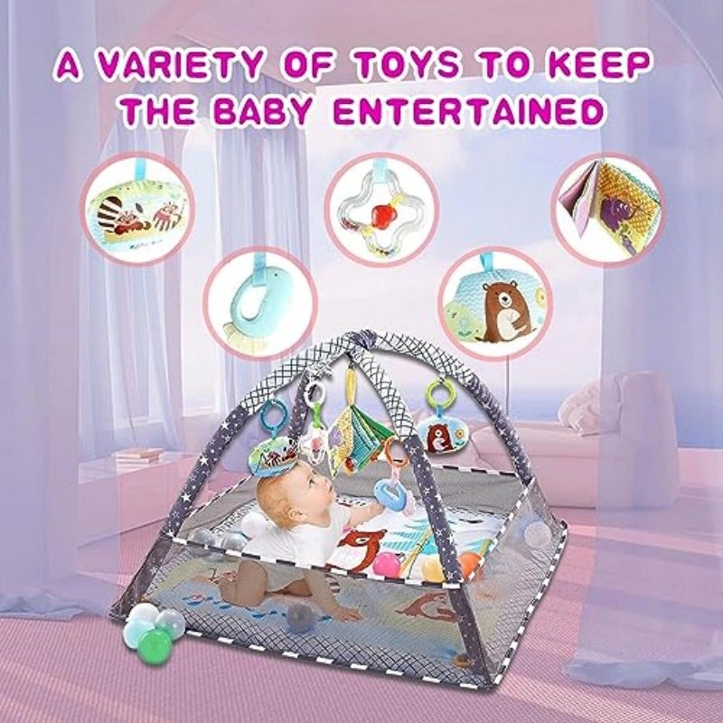 حصر لعب للأطفال جييم بيم (Baby Gym) – سجادة لعب للأطفال مع أنشطة، تتضمن 5 ألعاب معلقة و18 كرة بحرية لتنمية الحواس والمهارات الحركية، غير قابلة للانزلاق، قابلة للغسل، مناسبة للرضع من عمر 0 إلى 24 شهرًا - Image 5