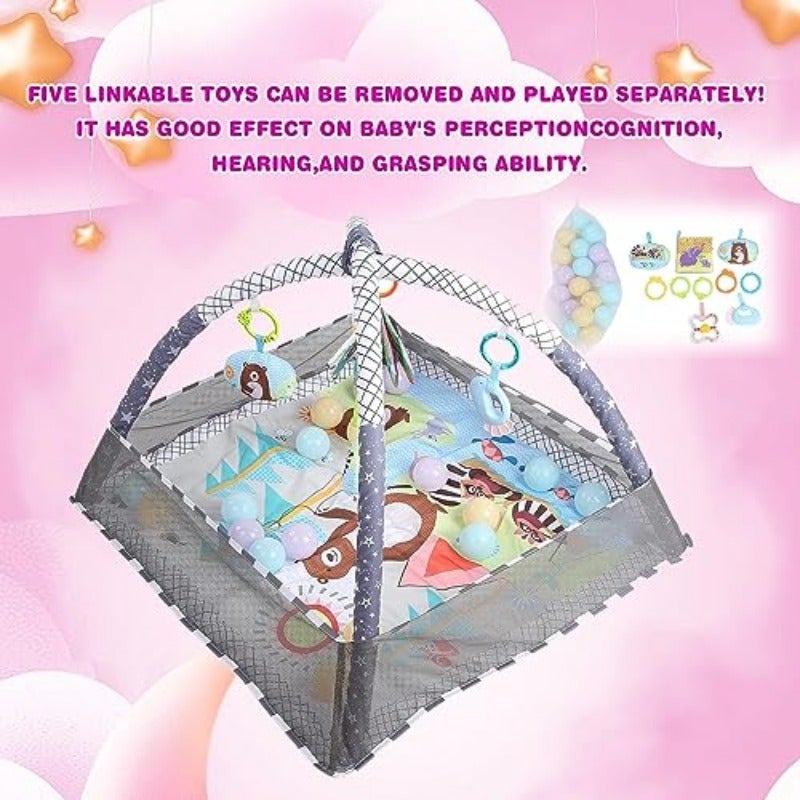 حصر لعب للأطفال جييم بيم (Baby Gym) – سجادة لعب للأطفال مع أنشطة، تتضمن 5 ألعاب معلقة و18 كرة بحرية لتنمية الحواس والمهارات الحركية، غير قابلة للانزلاق، قابلة للغسل، مناسبة للرضع من عمر 0 إلى 24 شهرًا - Image 4