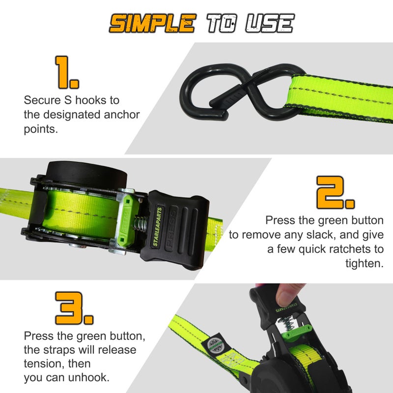 STARLEAPARTS Retractable Ratchet Straps(4PK 1.0INX12FT) - 1,500lb Break Strength, Ratchet Strap Heavy Duty with Rubber Coated Handle, Perfect Auto Ratchet Straps for Motorcycle, Kayak and Trucks - Image 4
