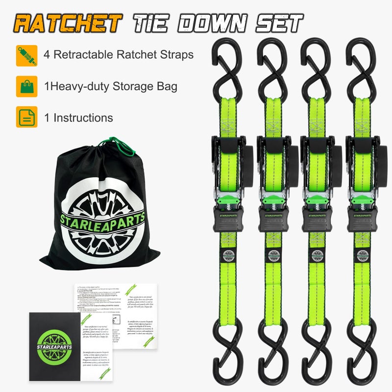 STARLEAPARTS Retractable Ratchet Straps(4PK 1.0INX12FT) - 1,500lb Break Strength, Ratchet Strap Heavy Duty with Rubber Coated Handle, Perfect Auto Ratchet Straps for Motorcycle, Kayak and Trucks - Image 5