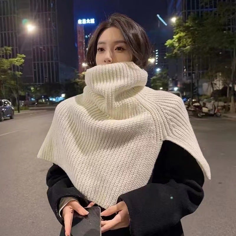 Fashionable Side Slit Polo Turtle Neck Womens Autumn Winter Korean Style Versatile Knit Scarf Warm Pullover Hairline milky white 