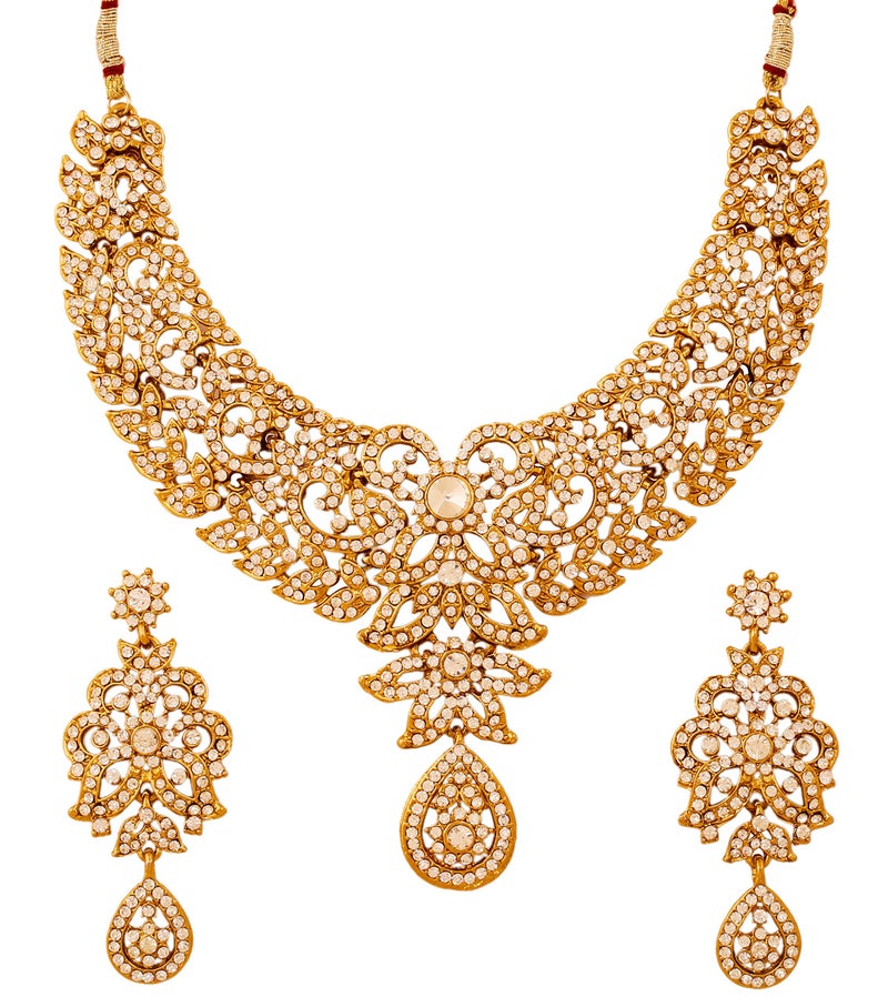 Touchstone Hollywood Glamour pretty filigree paisley motif white rhinestones studded diamond look designer bridal jewelry hasli necklace set for women in white tone - Image 1