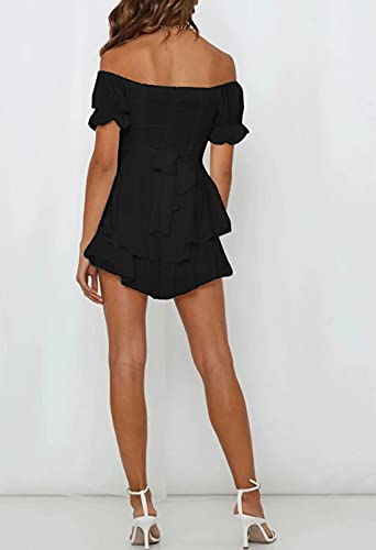 Fixmatti Women Fashion Ruffle Short Sleeve Off Shoulder High-Waisted Chiffon Romper Shorts Jumpsuit Black XL - Image 4
