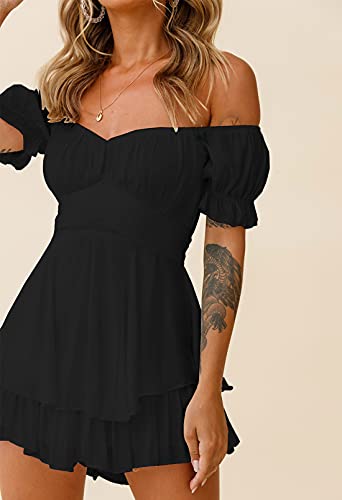 Fixmatti Women Fashion Ruffle Short Sleeve Off Shoulder High-Waisted Chiffon Romper Shorts Jumpsuit Black XL - Image 2