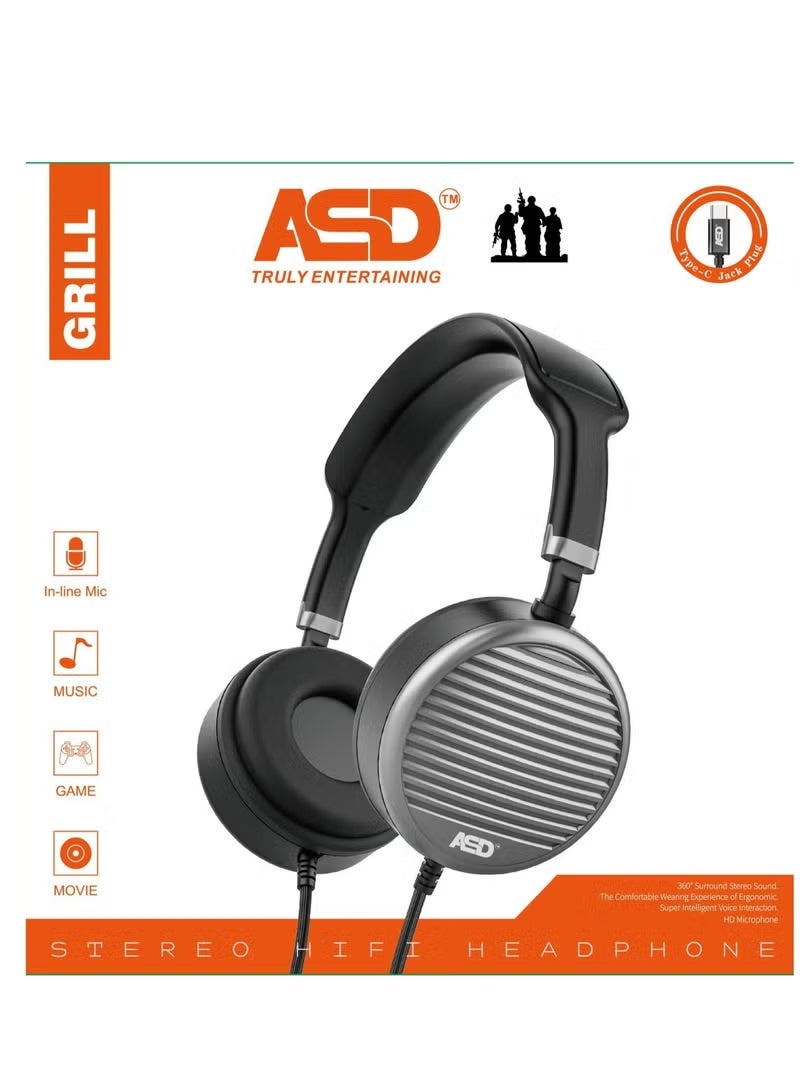اي اس دي سماعة رأس ستيريو سلكية عالية الدقة مزودة بمقبس من النوع C وميكروفون للموسيقى والأفلام والألعاب - ASD-81TC-HF - Image 1