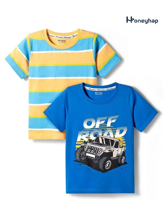 Honeyhap Honeyhap Premium 100% Cotton Knit Half Sleeves Striped & Vehicle Printed T-Shirts With Bio Finish Pack of 2 - Blue and Orange