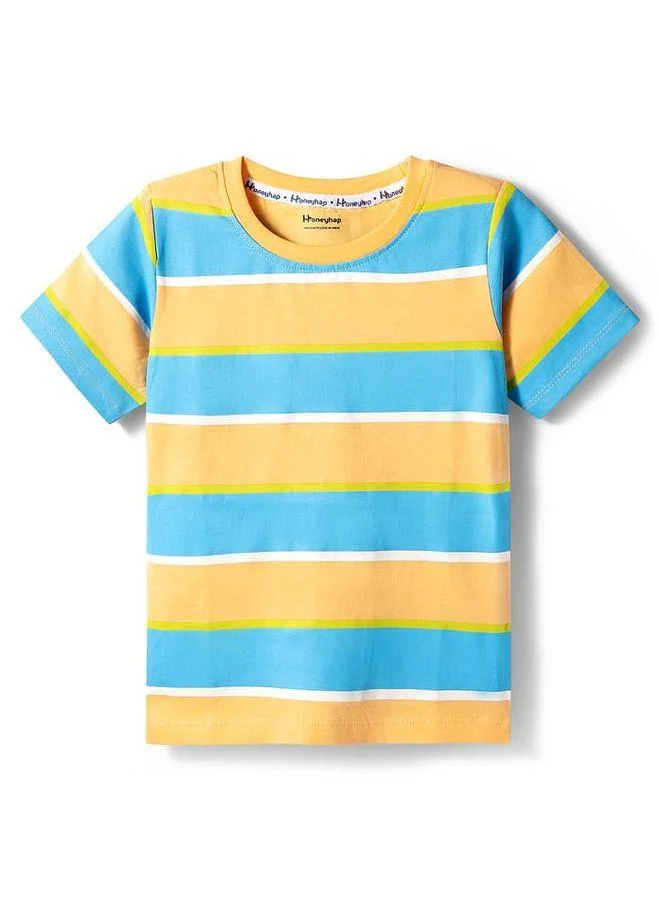 Honeyhap Honeyhap Premium 100% Cotton Knit Half Sleeves Striped & Vehicle Printed T-Shirts With Bio Finish Pack of 2 - Blue and Orange