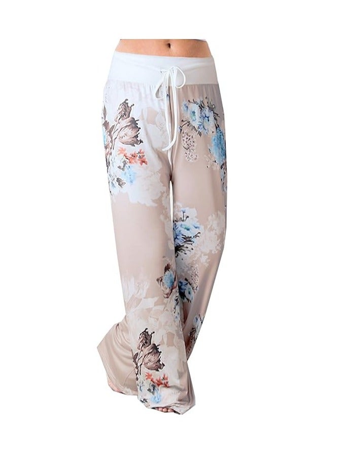 iChunhua Women's Comfy Stretch Floral Print Drawstring Palazzo Wide Leg Lounge Pant - Image 4