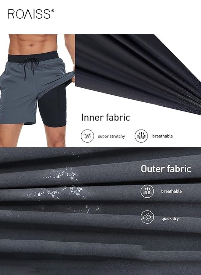 roaiss Men's Straight-Leg Cropped Shorts with Pockets Fitness Fashion Casual Shorts Four-Way Stretch Men's Mid-Length Beach Shorts Comfortable Loose Drawstring Elastic Waistband Beach Shorts Grey - Image 5