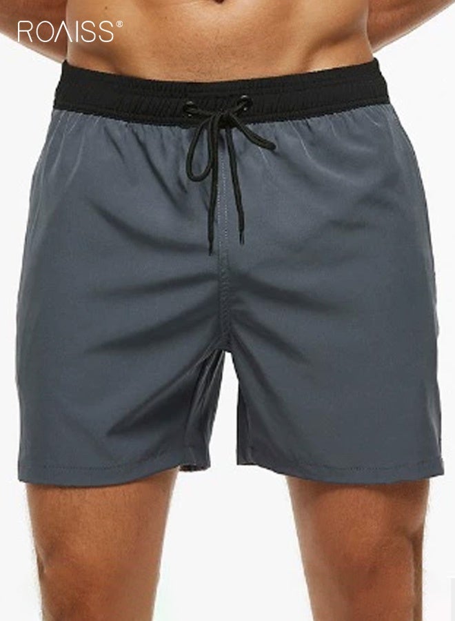 roaiss Men's Straight-Leg Cropped Shorts with Pockets Fitness Fashion Casual Shorts Four-Way Stretch Men's Mid-Length Beach Shorts Comfortable Loose Drawstring Elastic Waistband Beach Shorts Grey - Image 1