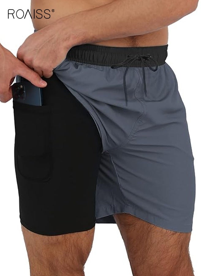 roaiss Men's Straight-Leg Cropped Shorts with Pockets Fitness Fashion Casual Shorts Four-Way Stretch Men's Mid-Length Beach Shorts Comfortable Loose Drawstring Elastic Waistband Beach Shorts Grey - Image 2