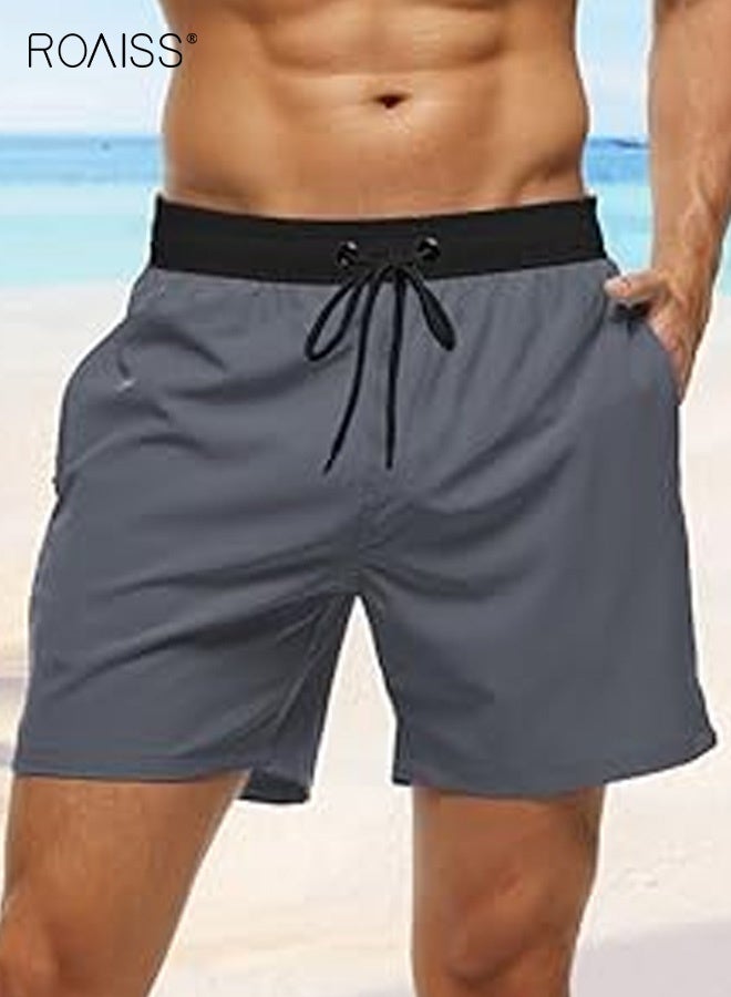 roaiss Men's Straight-Leg Cropped Shorts with Pockets Fitness Fashion Casual Shorts Four-Way Stretch Men's Mid-Length Beach Shorts Comfortable Loose Drawstring Elastic Waistband Beach Shorts Grey - Image 3