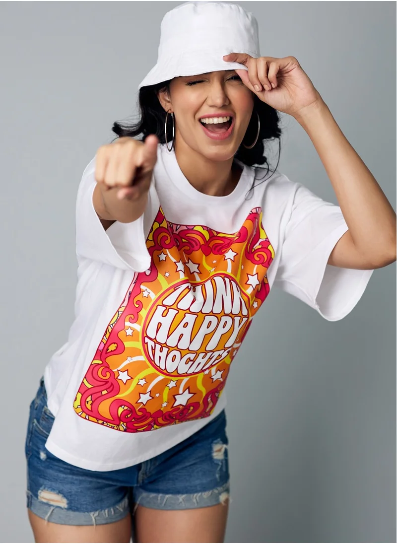 Zigzag Think Happy Thoughts Oversize White Printed T-shirt