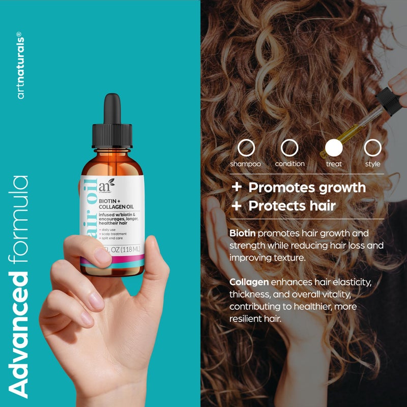 artnaturals زيت الشعر من آرت ناتشورالز بيوتين كولاجين 4.0 أونصة - تركيبة تعزز النمو وتزيد الحجم - تقلل من تساقط الشعر، تقوي وتغذي الشعر - تتحكم في التجاعيد وتحسن من سهولة التصفيف - Image 2