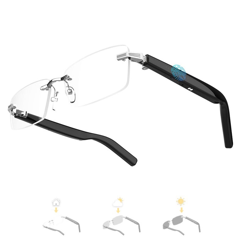 Faifxo Smart Glasses Rimless Smartglasses with Bluetooth Speaker,Remote Control Photo Taking/UV Protection Voice Control (Photochromic Lenses) - Image 1
