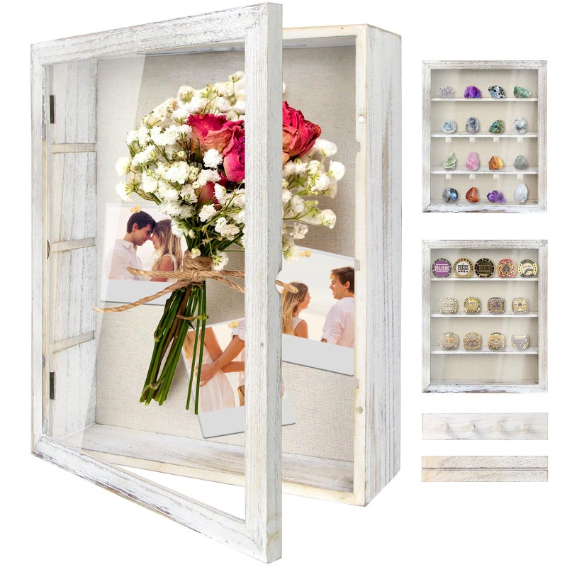 YEPOTUE Shadow Box Display Case 11x14 Deep Shadow Box Picture Frame with Linen Back and Removable Shelves Wooden Memory Box for Wedding Bouquet Photos Medals Keepsakes White 11x14 - Image 2