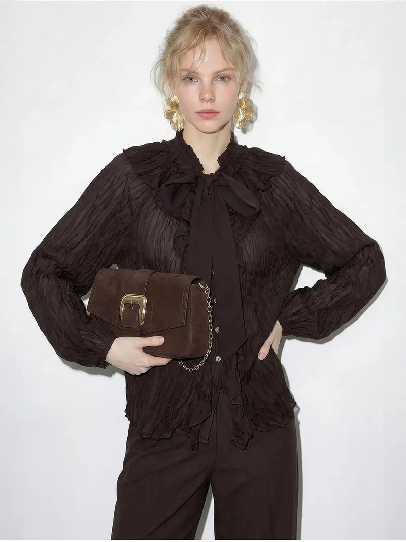 بيانكو لوتشي LUCCI Button-Up Crepe Blouse with Bow Detail