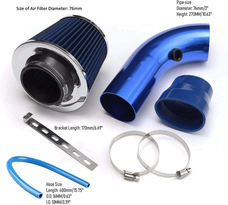 RASNONE 3 Inch Universal Cold Air Intake Kit, Aluminum Induction Flow Hose Pipe Kit with Air Filter (Blue) - Image 3