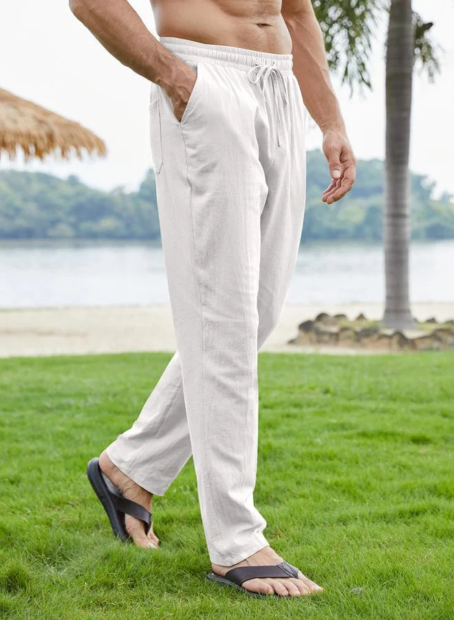 Take Two White Relaxed Fit Trousers with Drawstring By Noor Essentials