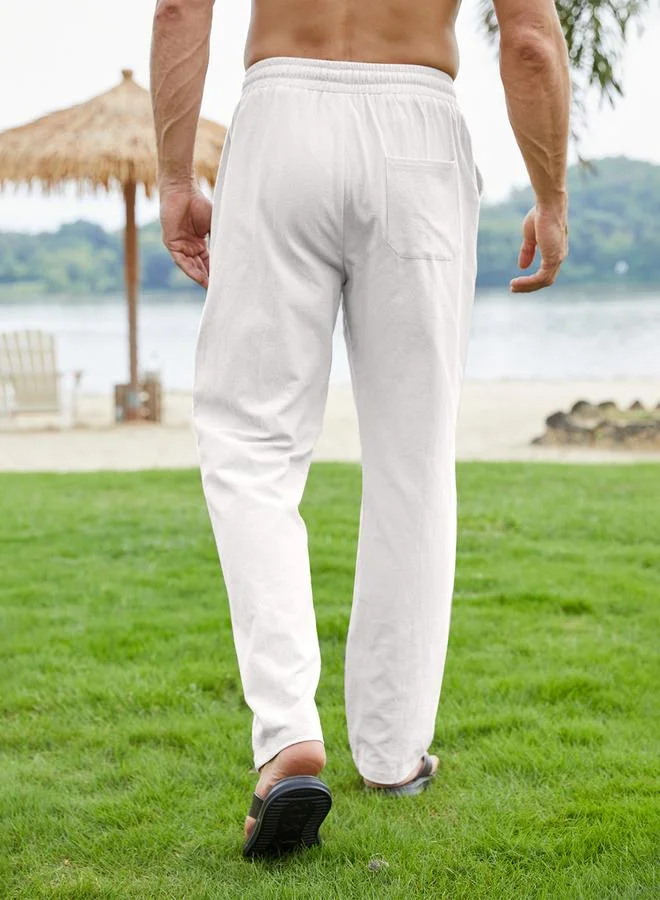 Take Two White Relaxed Fit Trousers with Drawstring By Noor Essentials