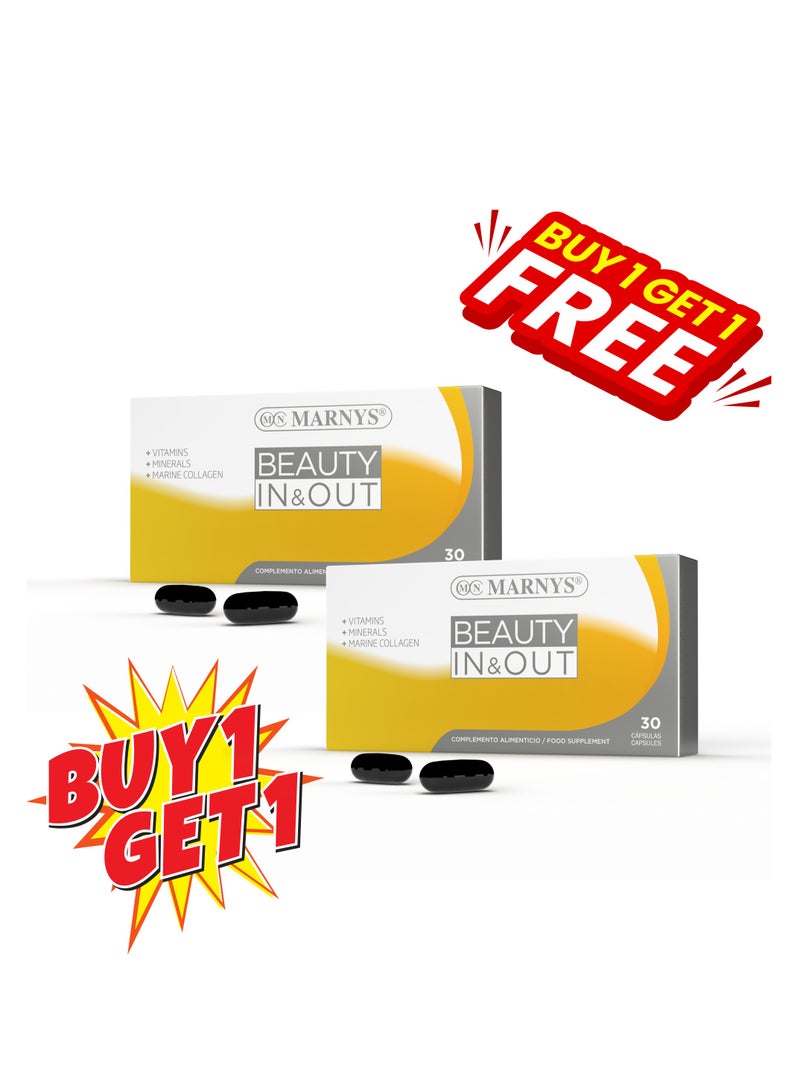 Marnys Beauty In & Out Capsules - Marine Collagen - Hair & Nail Strength - Biotin - Omega Oils - Skin Radiance - 30 Capsules - Buy one Get one Free - Image 1