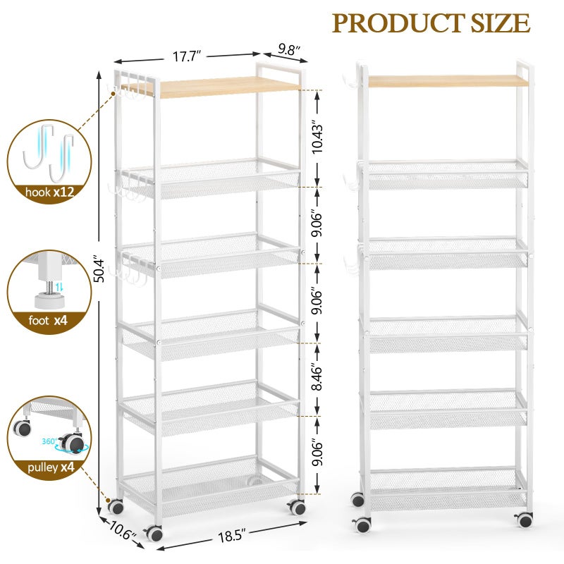 ThreeHio 6-Tier Closet Organizer and Storage Shelf with 12 Hooks, Tall Purse Rack for Closet with Lockable Wheels & Wooden Top, Heavy-Duty Rolling Handbag Stand Rack for Bedroom or Entryway, White - Image 2