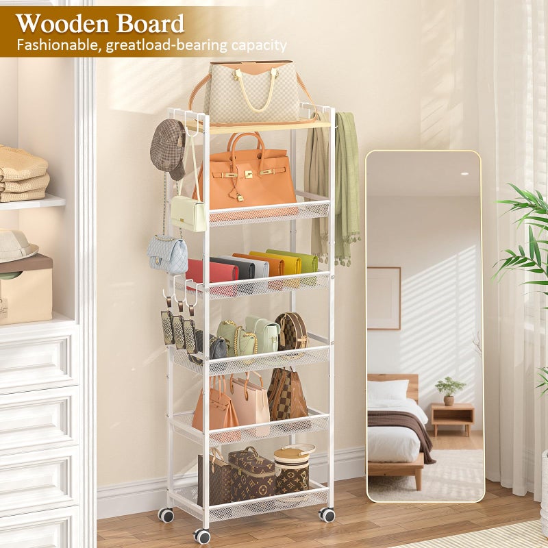ThreeHio 6-Tier Closet Organizer and Storage Shelf with 12 Hooks, Tall Purse Rack for Closet with Lockable Wheels & Wooden Top, Heavy-Duty Rolling Handbag Stand Rack for Bedroom or Entryway, White - Image 4