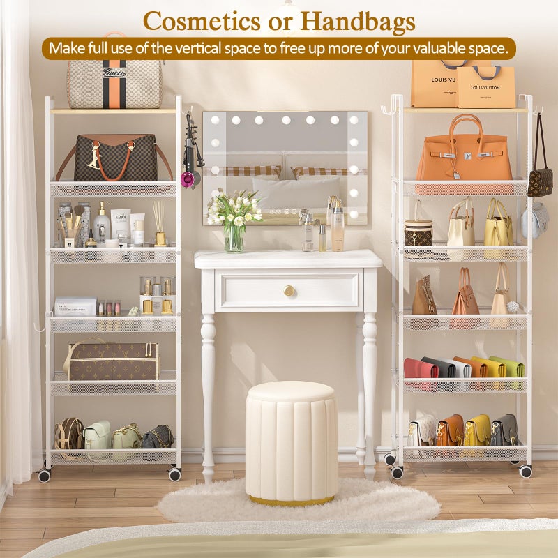 ThreeHio 6-Tier Closet Organizer and Storage Shelf with 12 Hooks, Tall Purse Rack for Closet with Lockable Wheels & Wooden Top, Heavy-Duty Rolling Handbag Stand Rack for Bedroom or Entryway, White - Image 3