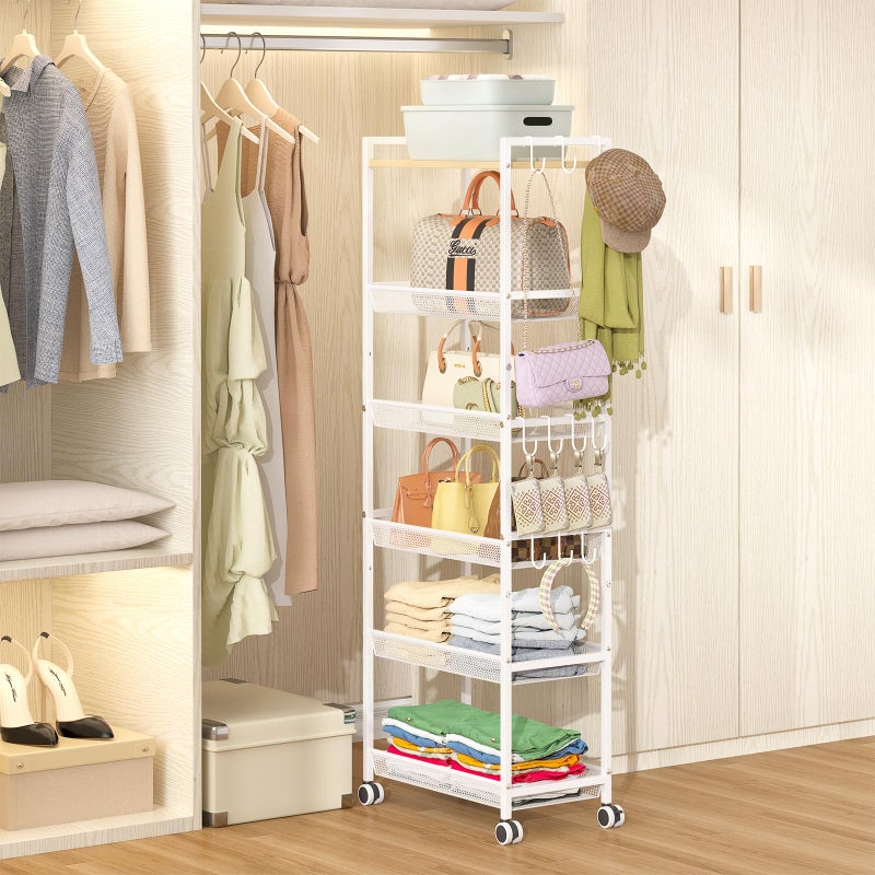 ThreeHio 6-Tier Closet Organizer and Storage Shelf with 12 Hooks, Tall Purse Rack for Closet with Lockable Wheels & Wooden Top, Heavy-Duty Rolling Handbag Stand Rack for Bedroom or Entryway, White - Image 1